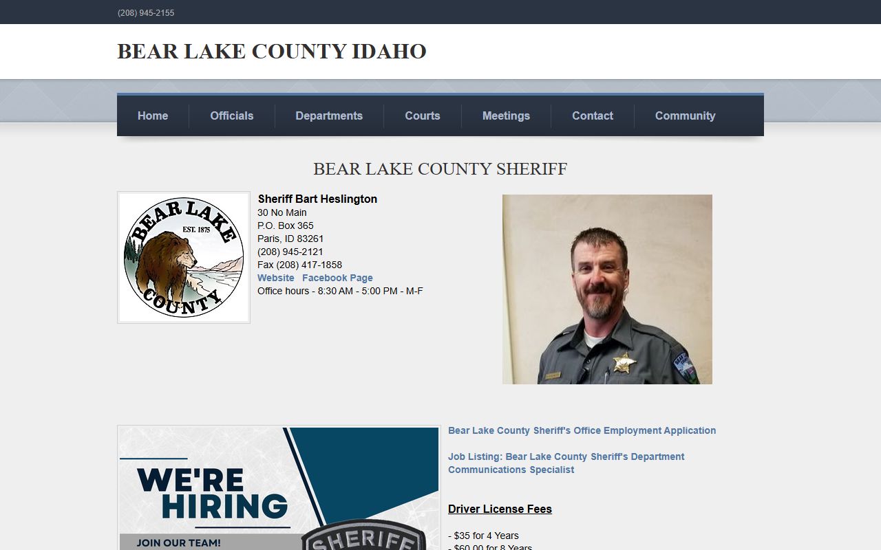 Bear Lake County inmate population sheriff page with VINELink and records information