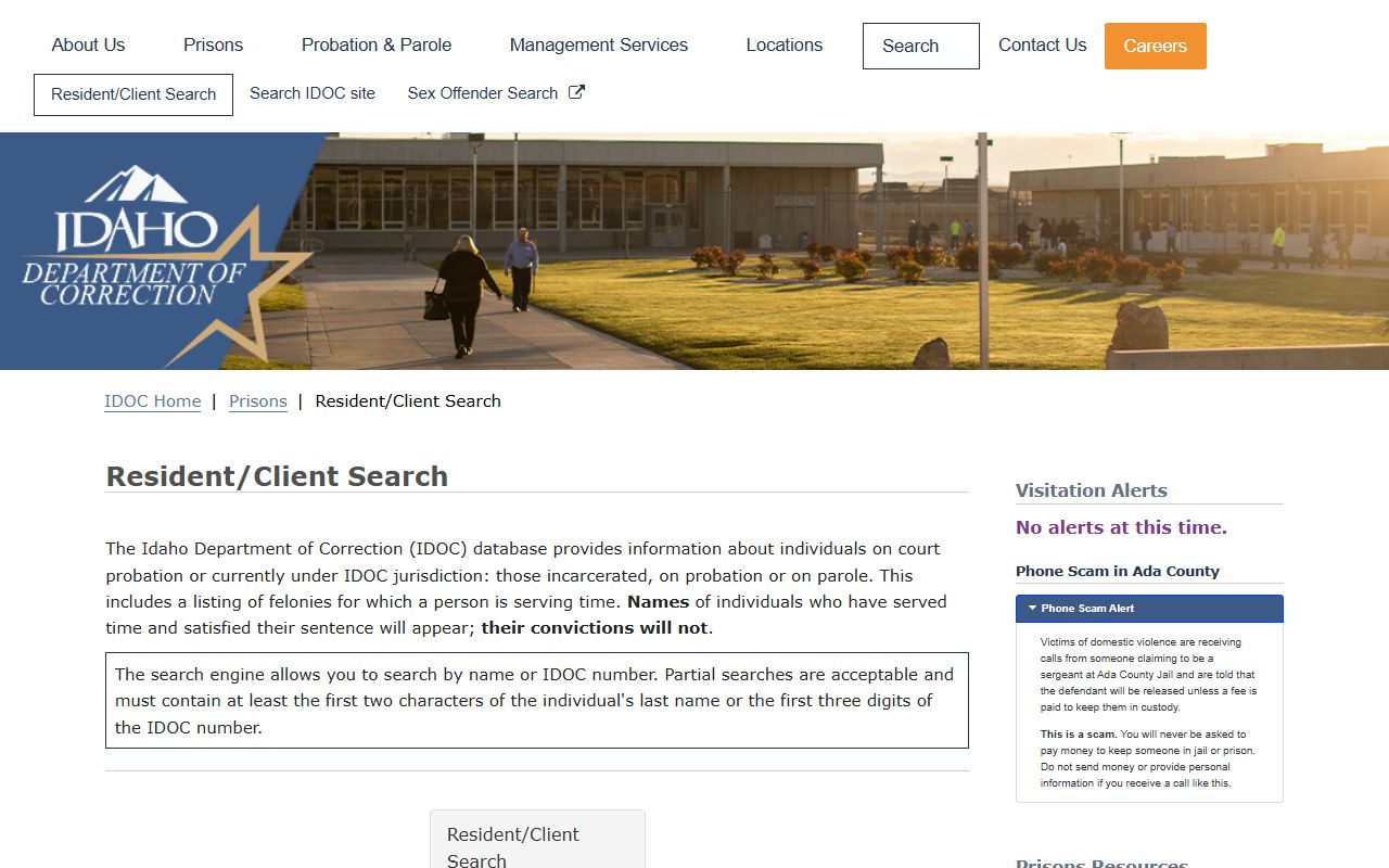 Bear Lake County inmate population state prison search using IDOC Resident Client Search